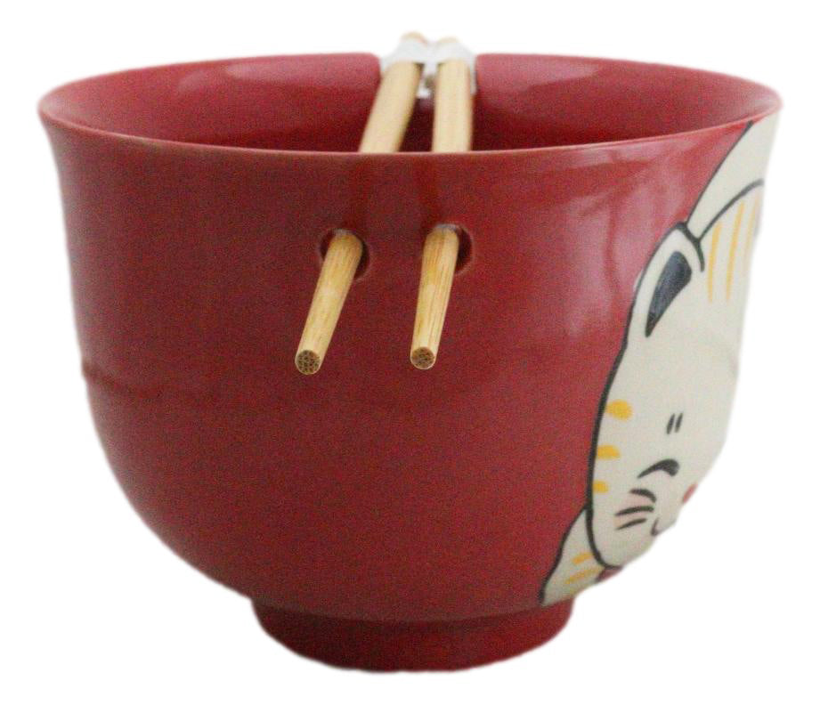 Red Cute Chubby Kitty Cat Ceramic Donburi Ramen Bowl With Chopsticks Set - Ebros Gift
