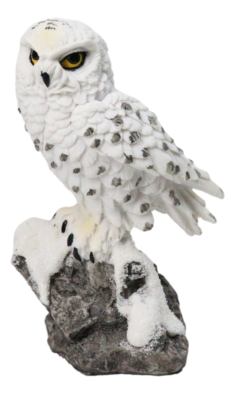 Tundra Forest Lone Snow White Owl Perching On Tree Branch Figurine 5"H