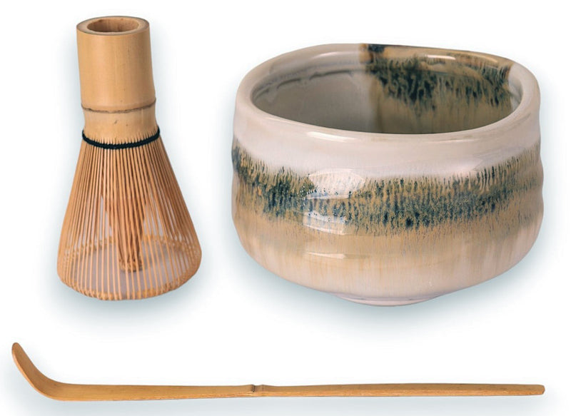 Traditional Brown Earth Ceramic Japanese Matcha Green Tea Bowl Whisk & Scoop Set