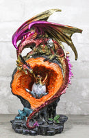 Pink Gold Dragon On Faux Crystal Orange Rock Geode With Hatchling Egg Figurine