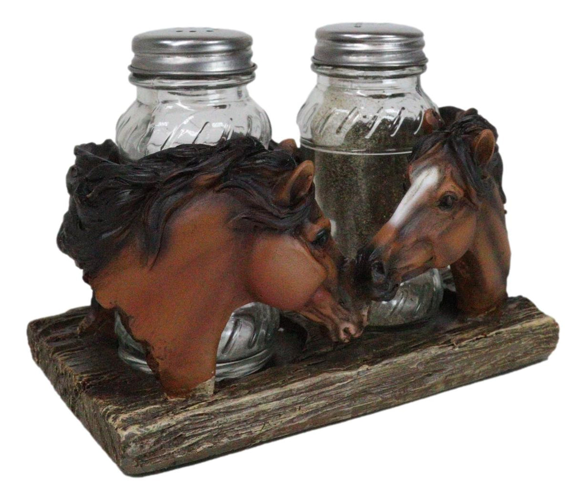Western Wild At Heart Double Brown Chestnut Horses Salt Pepper Shakers Holder - Ebros Gift