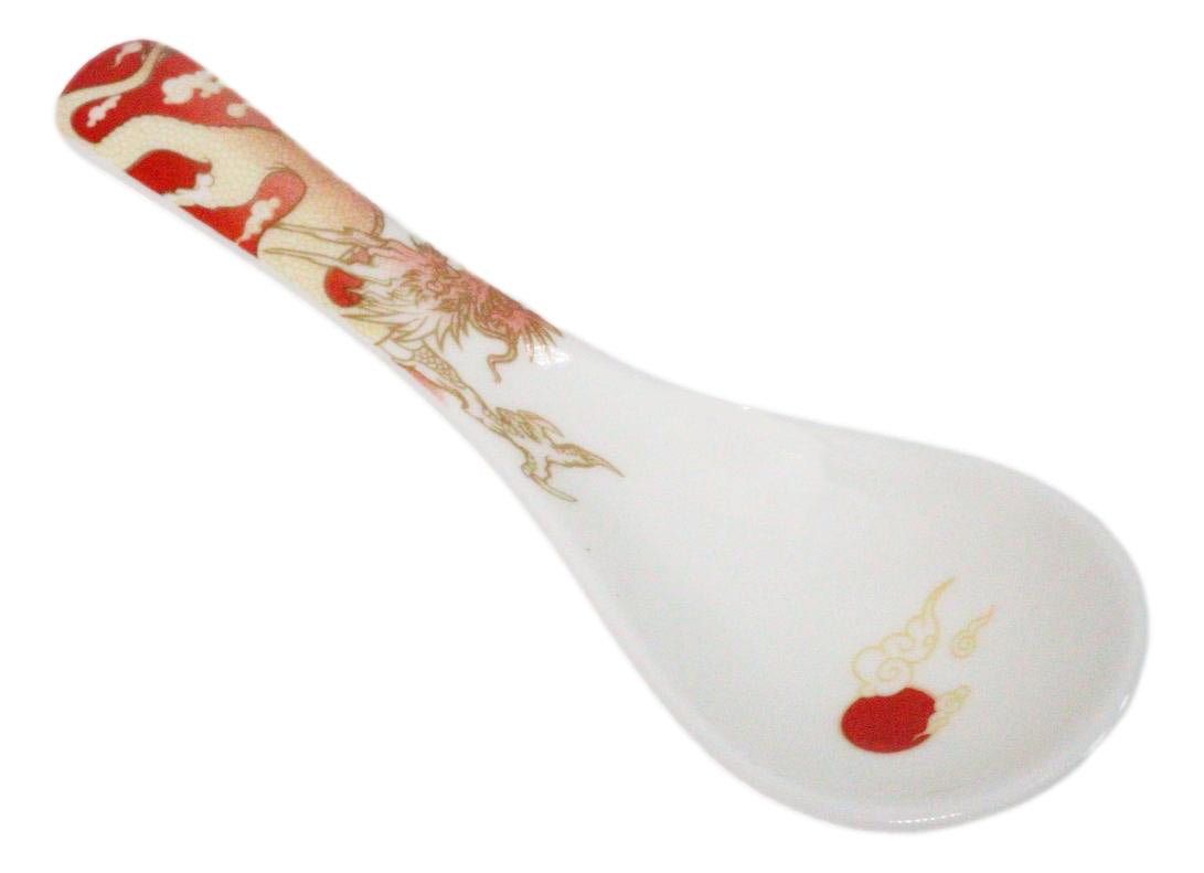 Set of 6 Red Ryu Dragon Porcelain Asian Soup Spoons Japanese Ramen Pho Wonton
