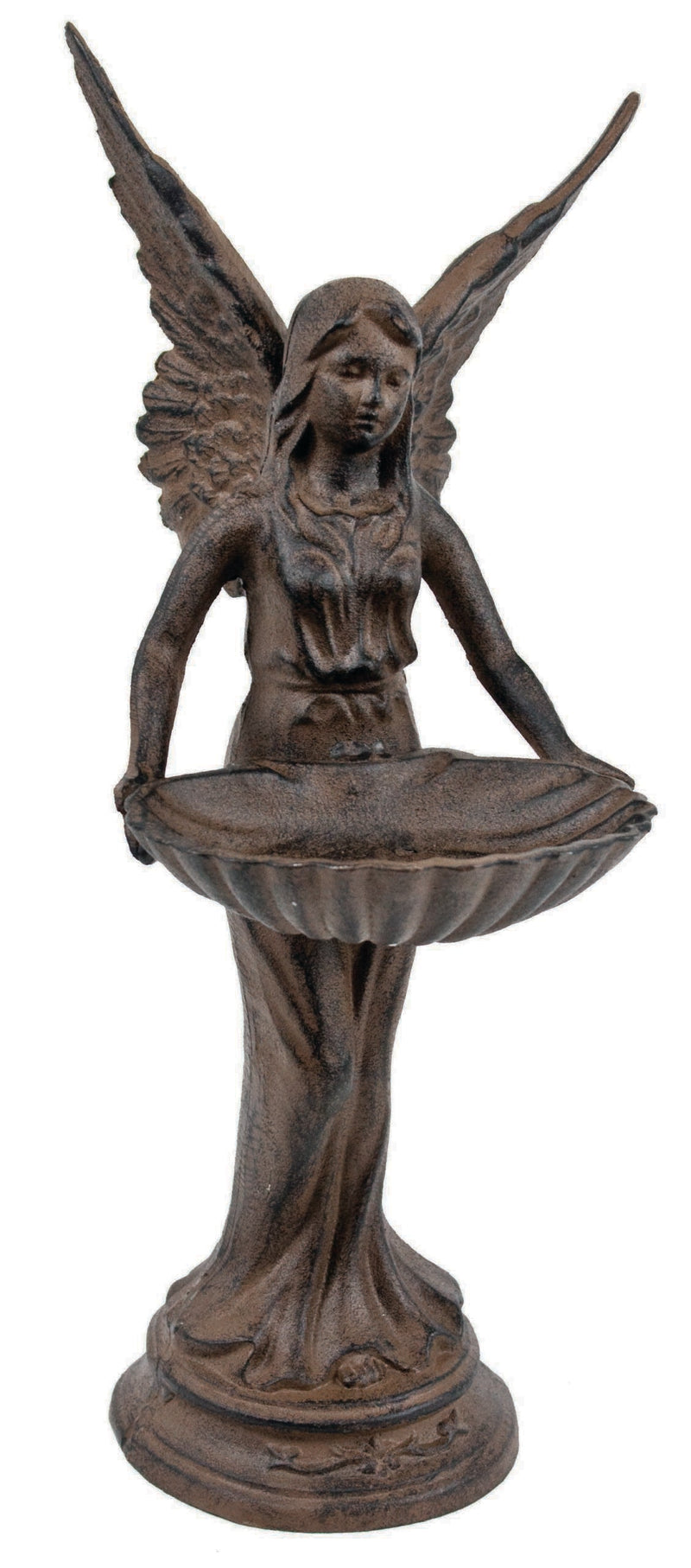 Rustic Cast Iron Gabriel Angel Holding Shell Garden Bird Feeder Bath 15.5"H