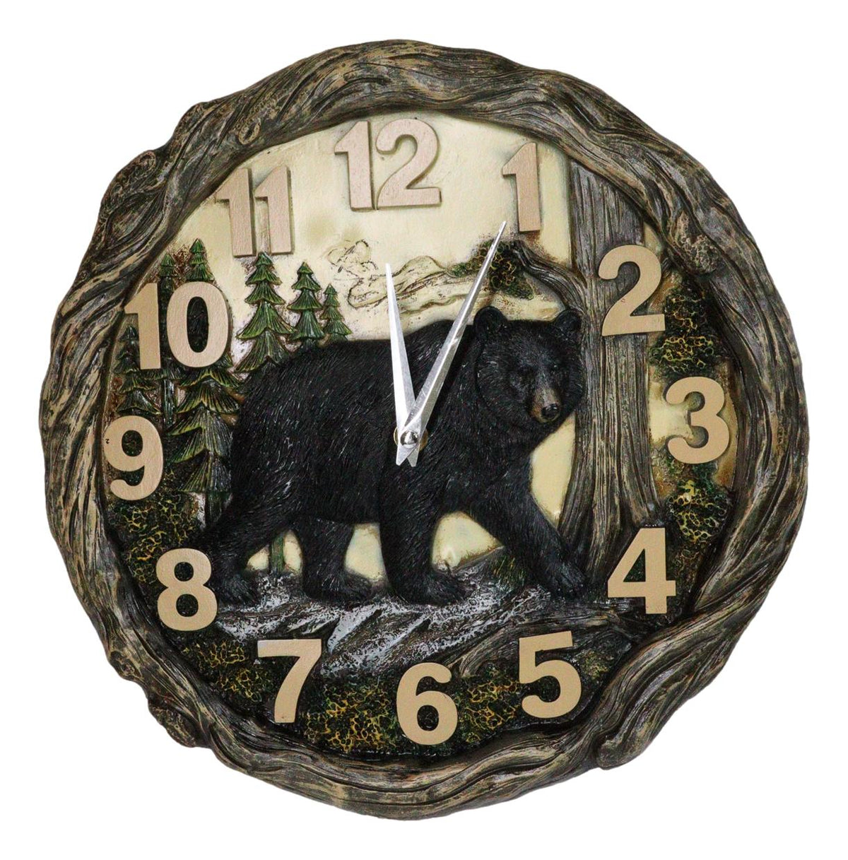 Rustic Cozy Woodland Pines Black Bear Forest Faux Wood Look Wall Clock Decor