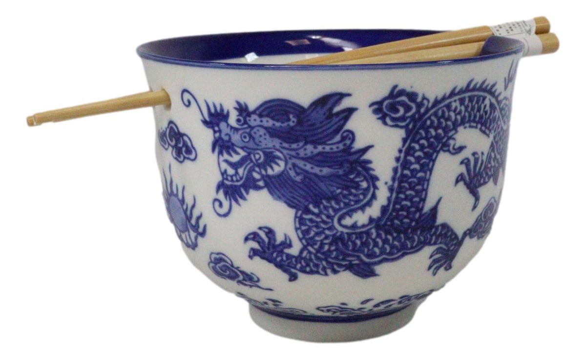 Blue White Oriental Dragon King Ceramic Donburi Ramen Bowl With Chopsticks Set - Ebros Gift