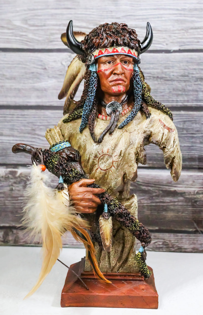 Native Indian Chief Warrior Hunter With Buffalo Horns And Feathers Bust Figurine