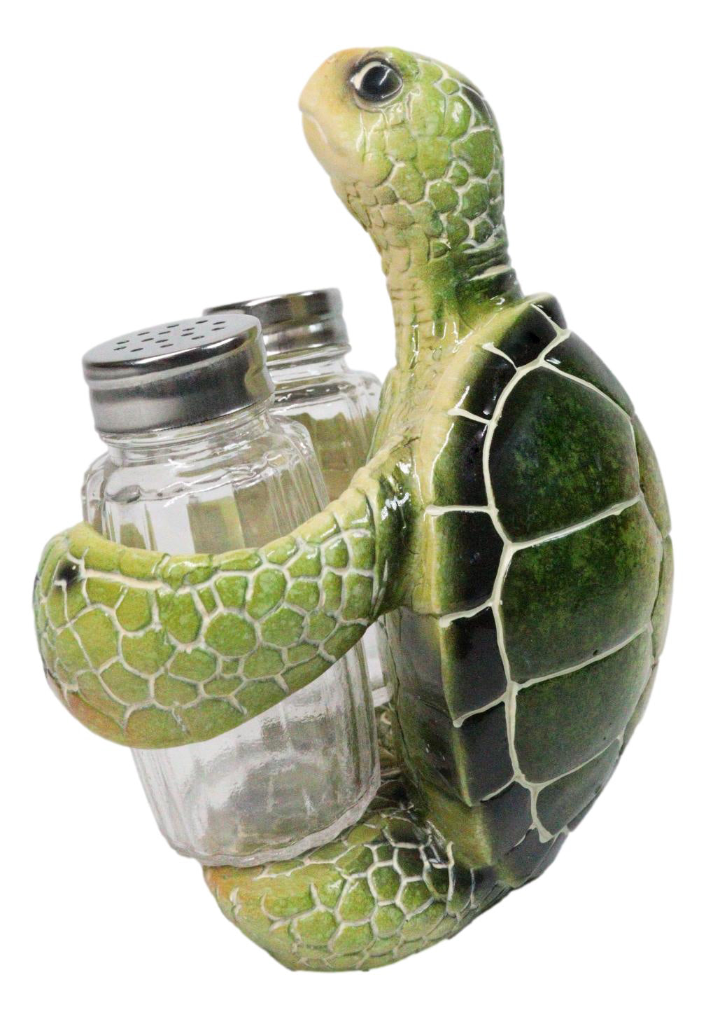 Marine Green Shell Sea Turtle Hugging Glass Salt Pepper Shakers Holder Figurine