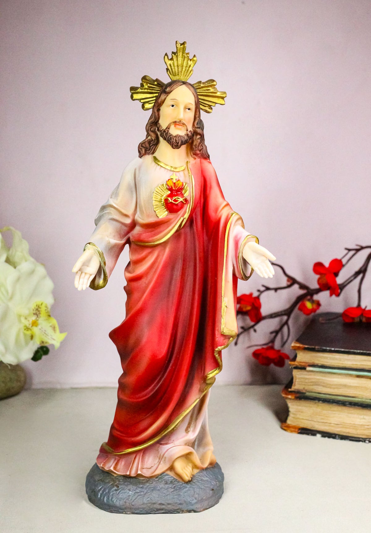 Catholic Sacred Heart of Jesus with Gold Crucifix Cross Medal Figurine 12"H - Ebros Gift