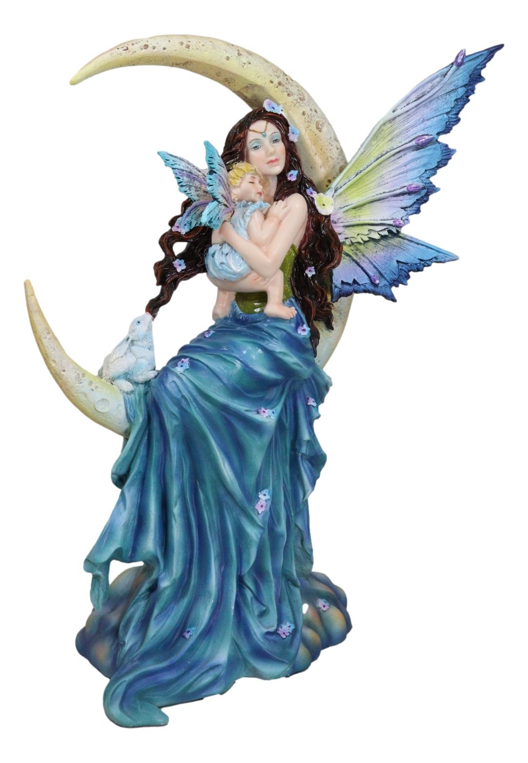 Crescent Moon Lullaby Mother Fairy in Blue Gown Embracing Her Child Baby Statue