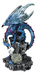 Metallic Blue Dragon with Magenta Spikes Guarding Bottle Ice Crystals Figurine