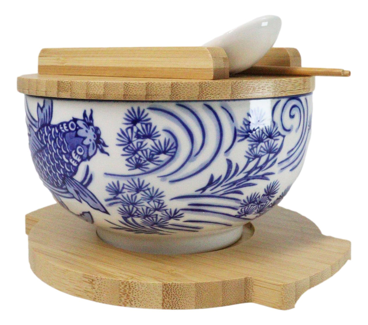 White Blue Koi Fish 28Oz Donburi Ramen Bowl With Lid Trivet Spoon Chopsticks Set