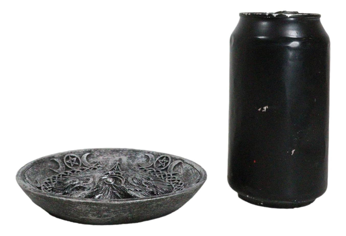 Wicca Celtic Knotwork Triple Moon Pentagram Gray Wolf Round Incense Holder