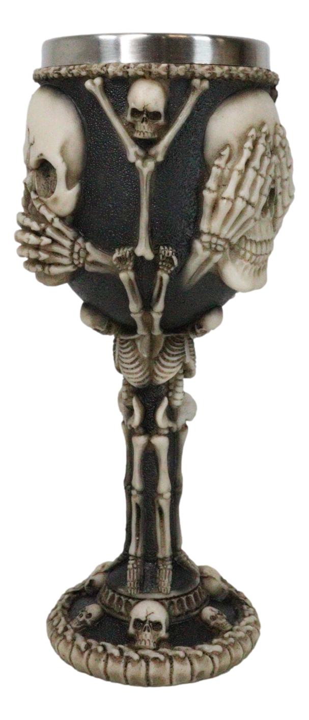 Wise Vintage See Hear Speak No Evil Skeleton Bone Skulls Wine Goblet Chalice - Ebros Gift