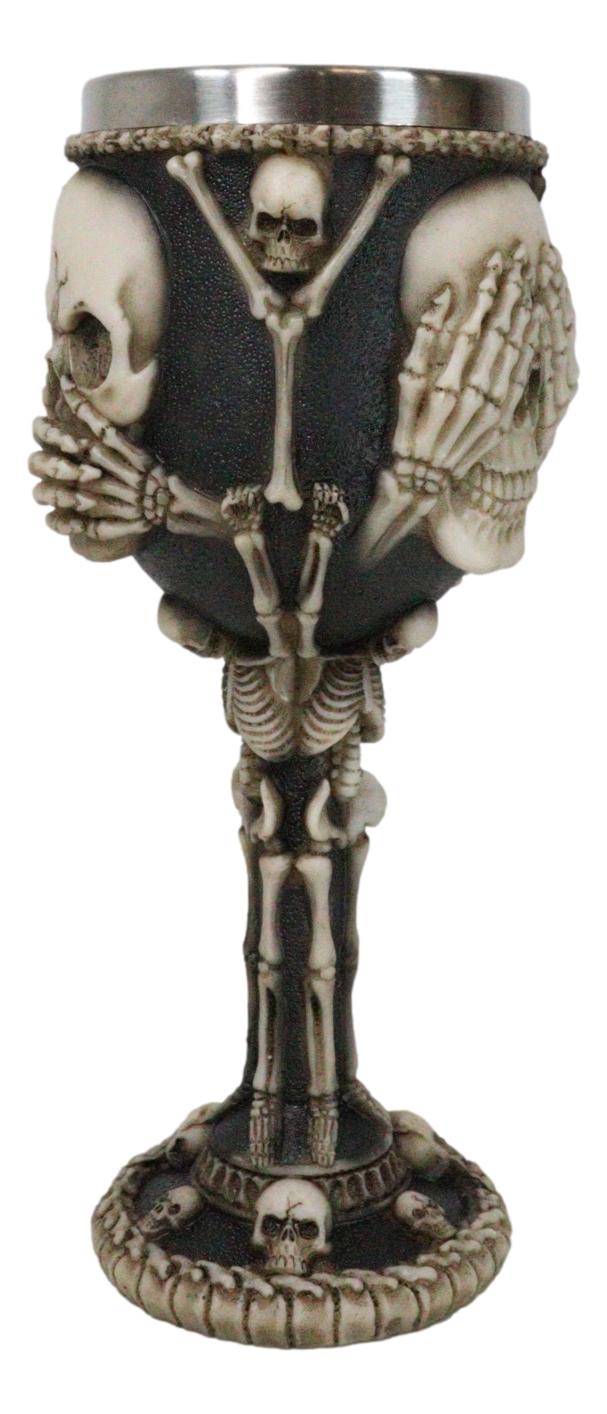 Wise Vintage See Hear Speak No Evil Skeleton Bone Skulls Wine Goblet Chalice