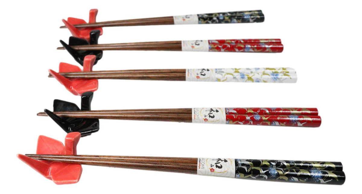 5 Pairs Of Red Black Japanese Cranes Ceramic Rests With Wooden Chopsticks Set