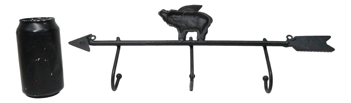 Cast Iron Rustic Farmhouse When Pigs Fly Angel Pig With Arrow 3-Peg Wall Hooks