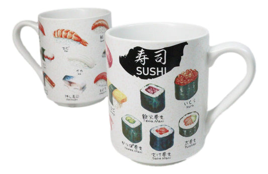 Set Of 2 Japanese Cuisine Sushi Sashimi And Rolls Textured Ceramic Mug Cups 11oz