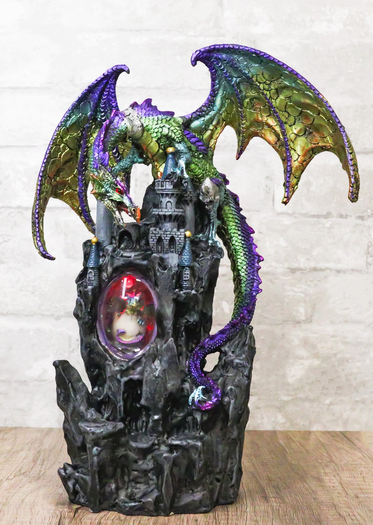Large Rainbow Dragon On Castle Statue With Wyrmling In Egg LED Light Glass Ball - Ebros Gift