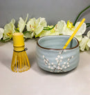 Plum Blue Sakura Blooms Ceramic Japanese Matcha Green Tea Bowl Whisk & Scoop Set
