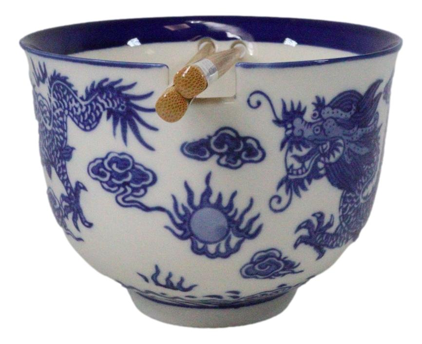 Blue White Oriental Dragon King Ceramic Donburi Ramen Bowl With Chopsticks Set - Ebros Gift