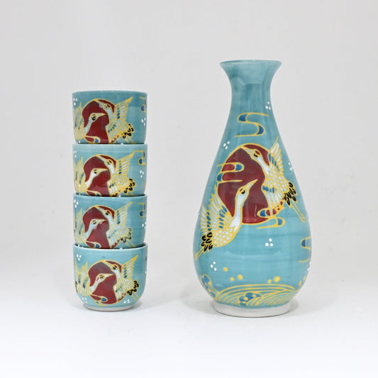 Turquoise Moon Japanese Cranes Porcelain Sake Carafe Flask And 4 Ochoko Cups Set