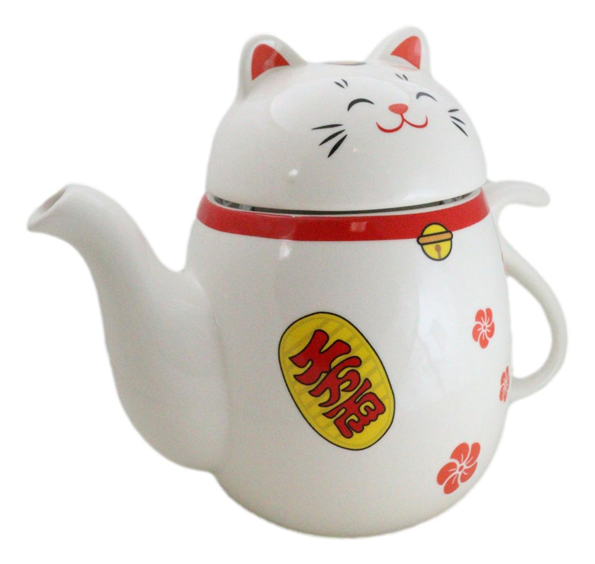 Japanese Maneki Neko Lucky Beckoning Cat Ceramic Tea Pot With Metal Strainer - Ebros Gift