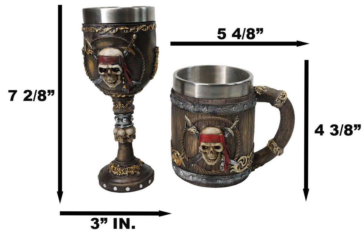 Nautical Rustic Barrel Pirate Skull Wine Goblet & Beer Tankard Mug Set of 2