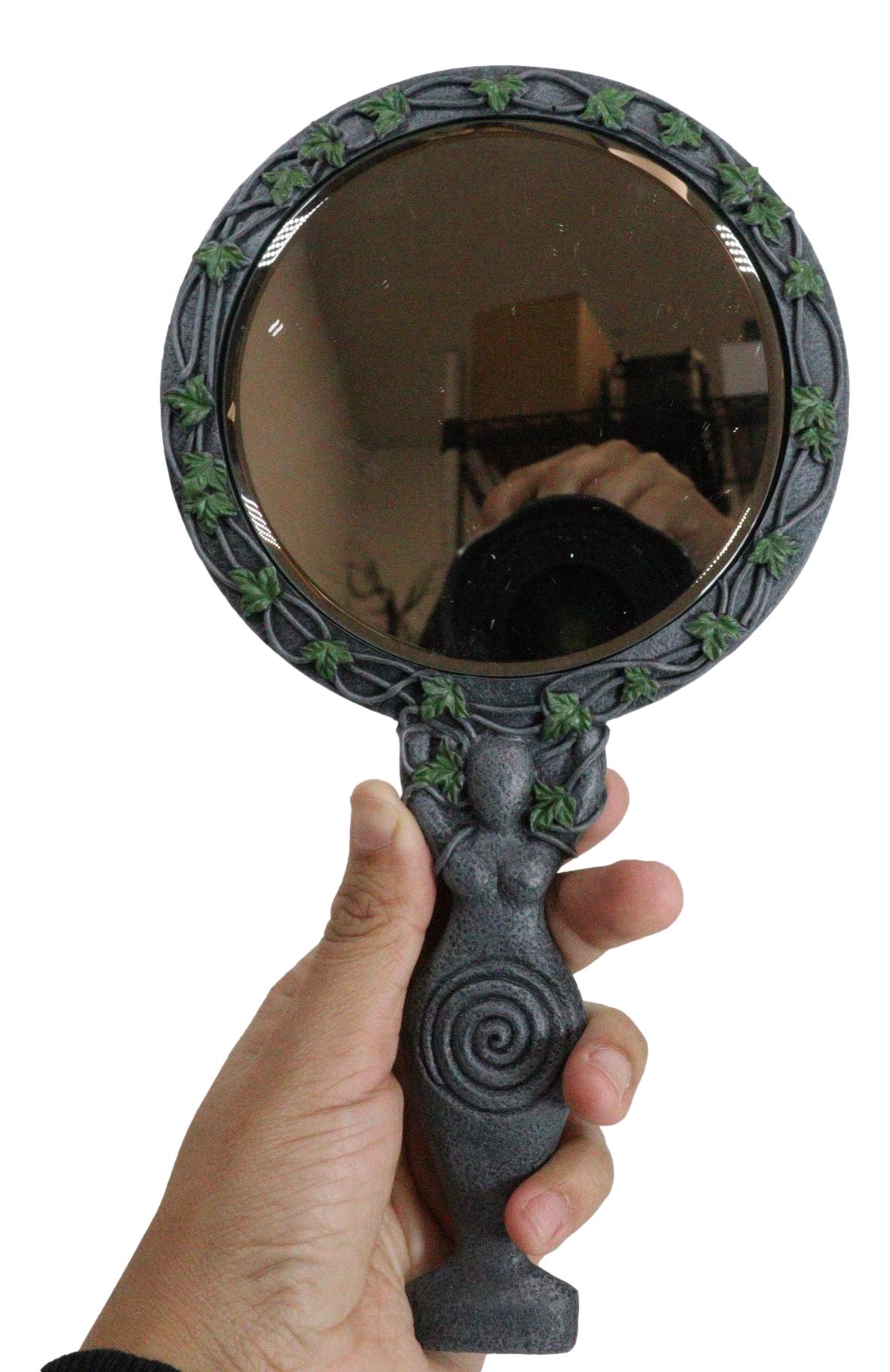 Wicca Triple Moon Spiral Goddess with Magical Ivy Leaves Sculptural Hand Mirror