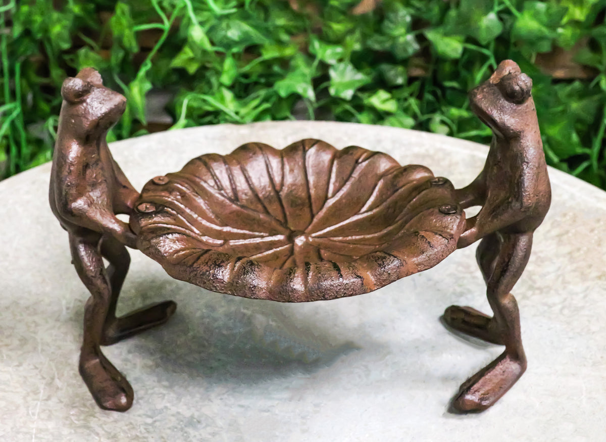 Cast Iron 2 Toad Frogs With Waterlily Lily Pad Bird Feeder Bath Garden Figurine - Ebros Gift