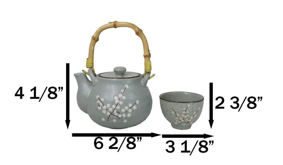 Japanese Sakura Pastel Ume Plum Cherry Blossom Traditional Teapot With Cups Set - Ebros Gift