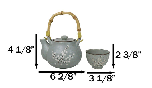 Japanese Sakura Pastel Ume Plum Cherry Blossom Traditional Teapot With Cups Set - Ebros Gift
