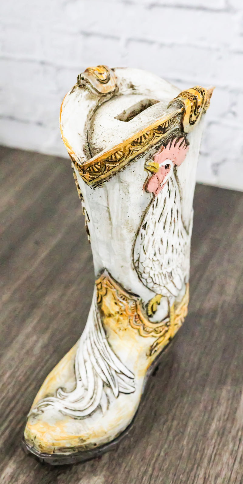 Rustic Country Rooster With Floral Blossoms Spring Time Cowboy Boot Money Bank