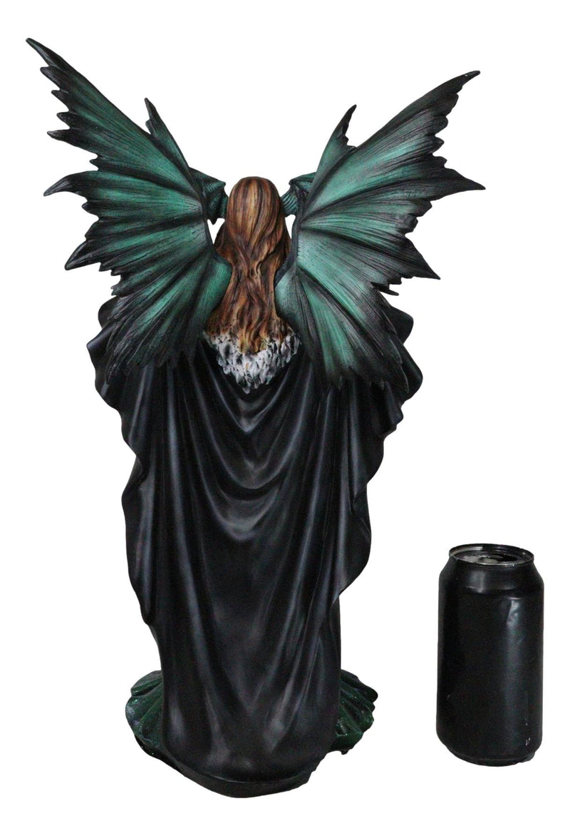 Large Gothic Dragon Fairy Queen In Long Green Robe With Ravens Statue 17"H