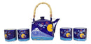 Blue Mount Fuji With Full Moon Ceramic Hexagonal Teapot With 4 Tea Cups Set