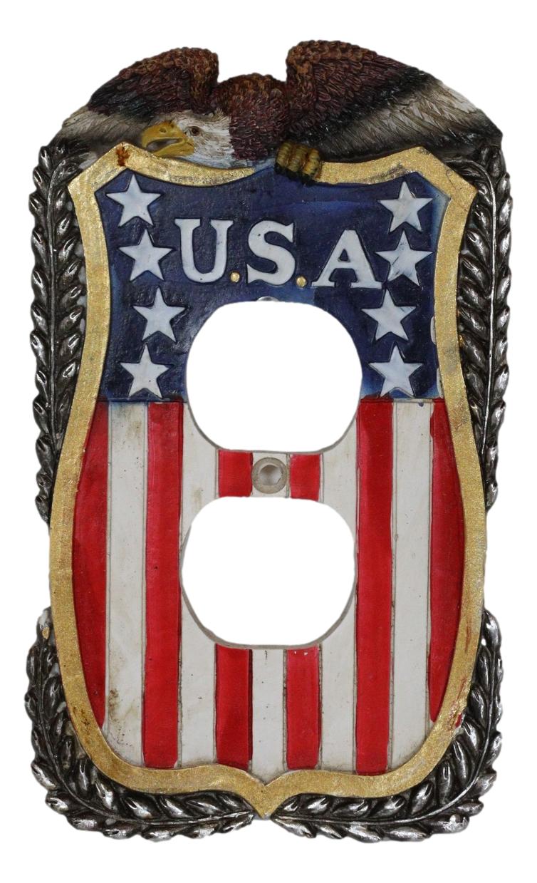 Patriotic Bald Eagle On USA Flag Crest Wall Double Receptacle Outlet Plates Set