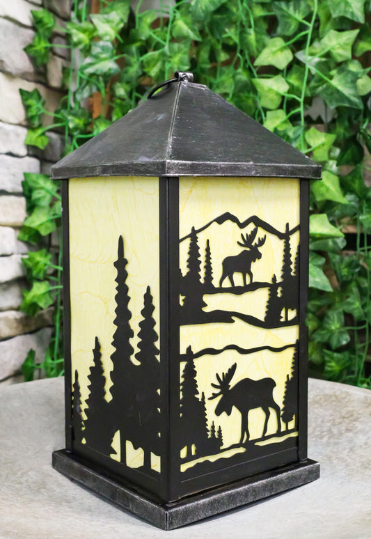 Rustic Deer Moose Scenic Forest Mountains Electric Metal Wall Or Floor Lantern - Ebros Gift