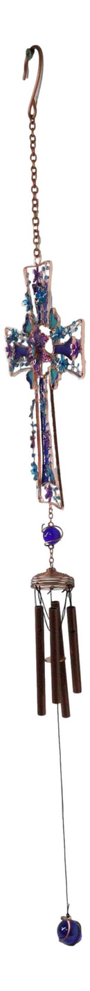 Blue Floral Aquamarine Cross With Gemstones Metal Scroll Filigree Wind Chime