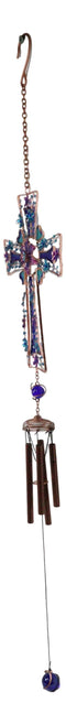 Blue Floral Aquamarine Cross With Gemstones Metal Scroll Filigree Wind Chime