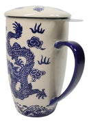 Blue Oriental Ryu Dragon 15oz Porcelain Tea Mug With Lid Stainless Steel Infuser