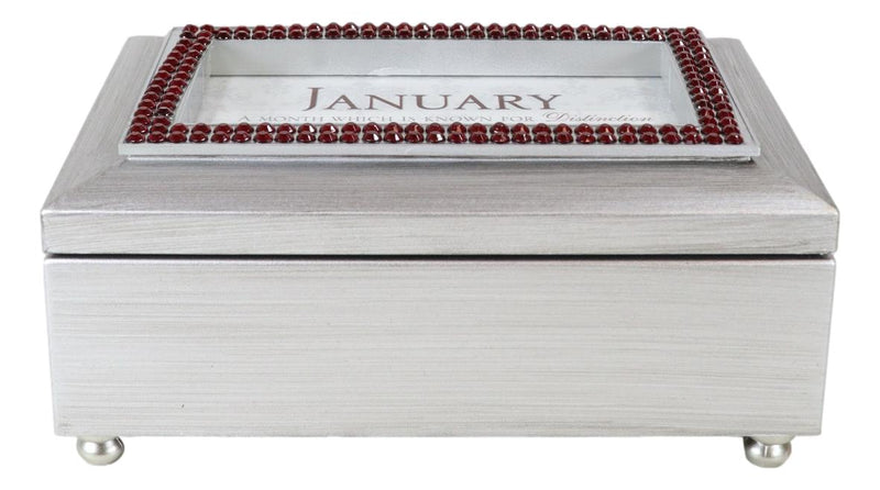 January Birthday Month Red Garnet Birthstones Silver Tone Musical Trinket Box