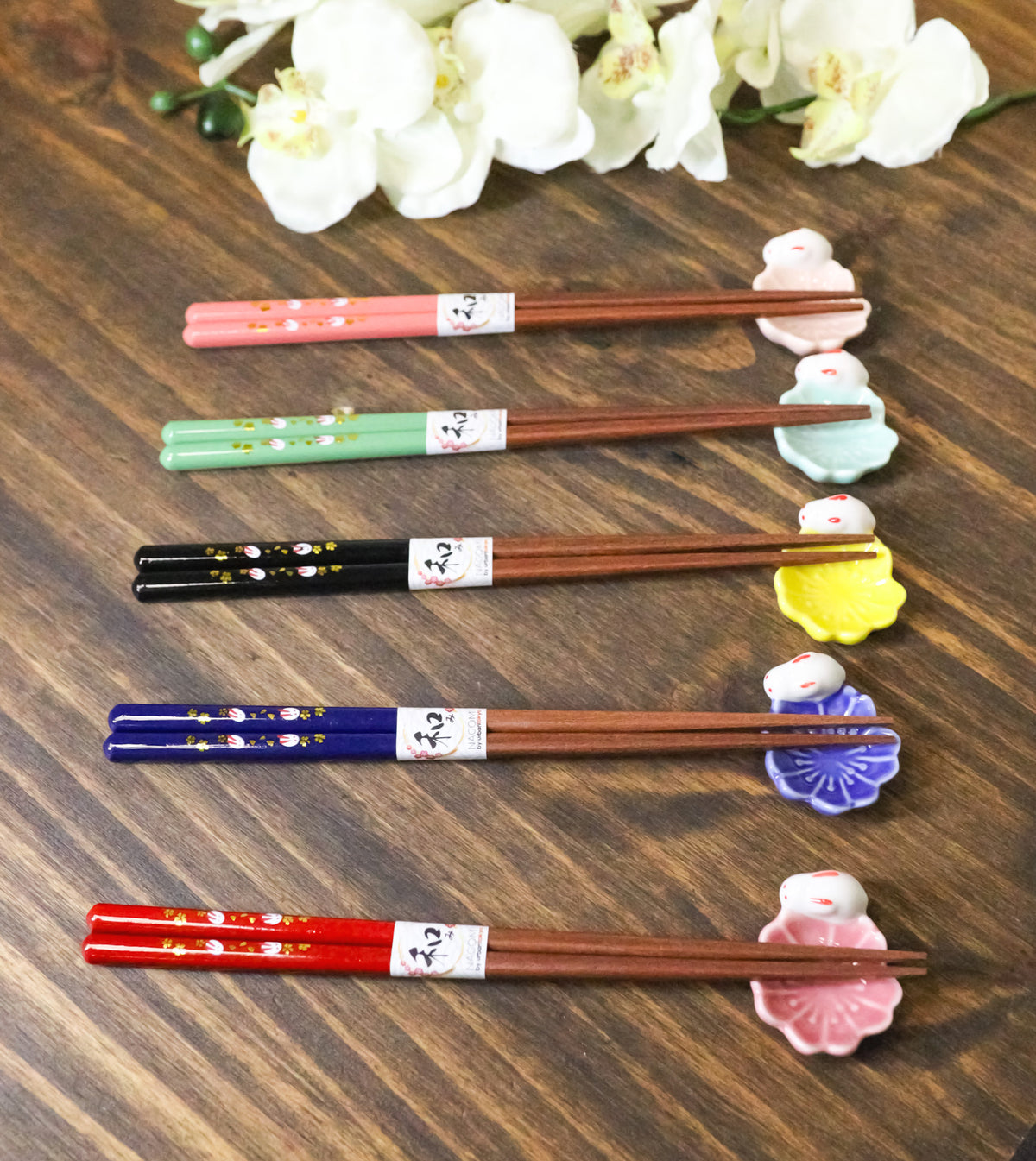 5 Pairs Of Pastel Sakura Cherry Blossoms Ceramic Rests And Wooden Chopsticks Set