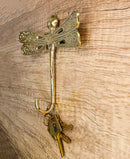 Set Of 2 Polished Brass Dragonfly With Scrollwork Filigree Wings Wall Hooks