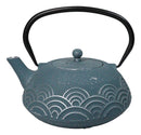 Silver Blue Seigaiha Waves Design Large Cast Iron Tetsubin Teapot 40oz Tea Pot