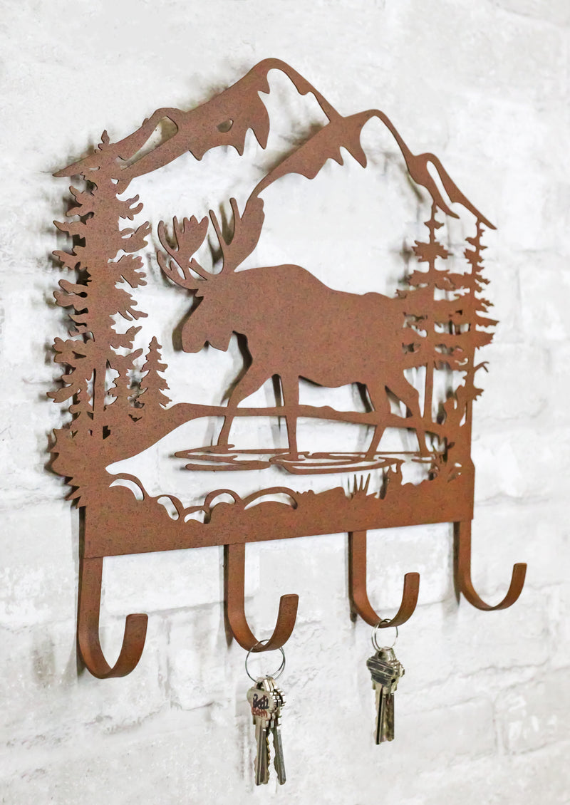 Rustic Western Moose Deer By Pine Forest Mountain 4-Peg Wooden Wall Hooks Plaque
