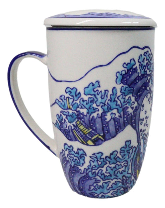 Great Wave Kanagawa 15oz Porcelain Tea Mug With Lid & Stainless Steel Infuser
