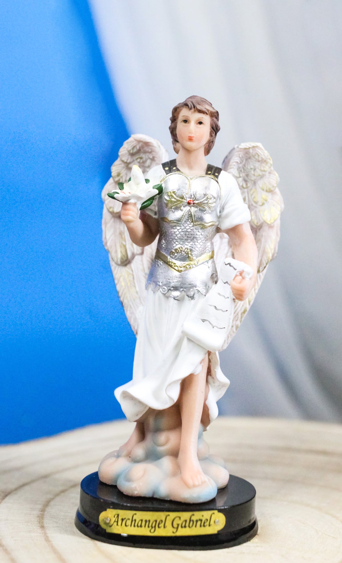 Catholic Archangel Saint Gabriel Holding Scroll And Lotus Figurine With Base 5"H - Ebros Gift