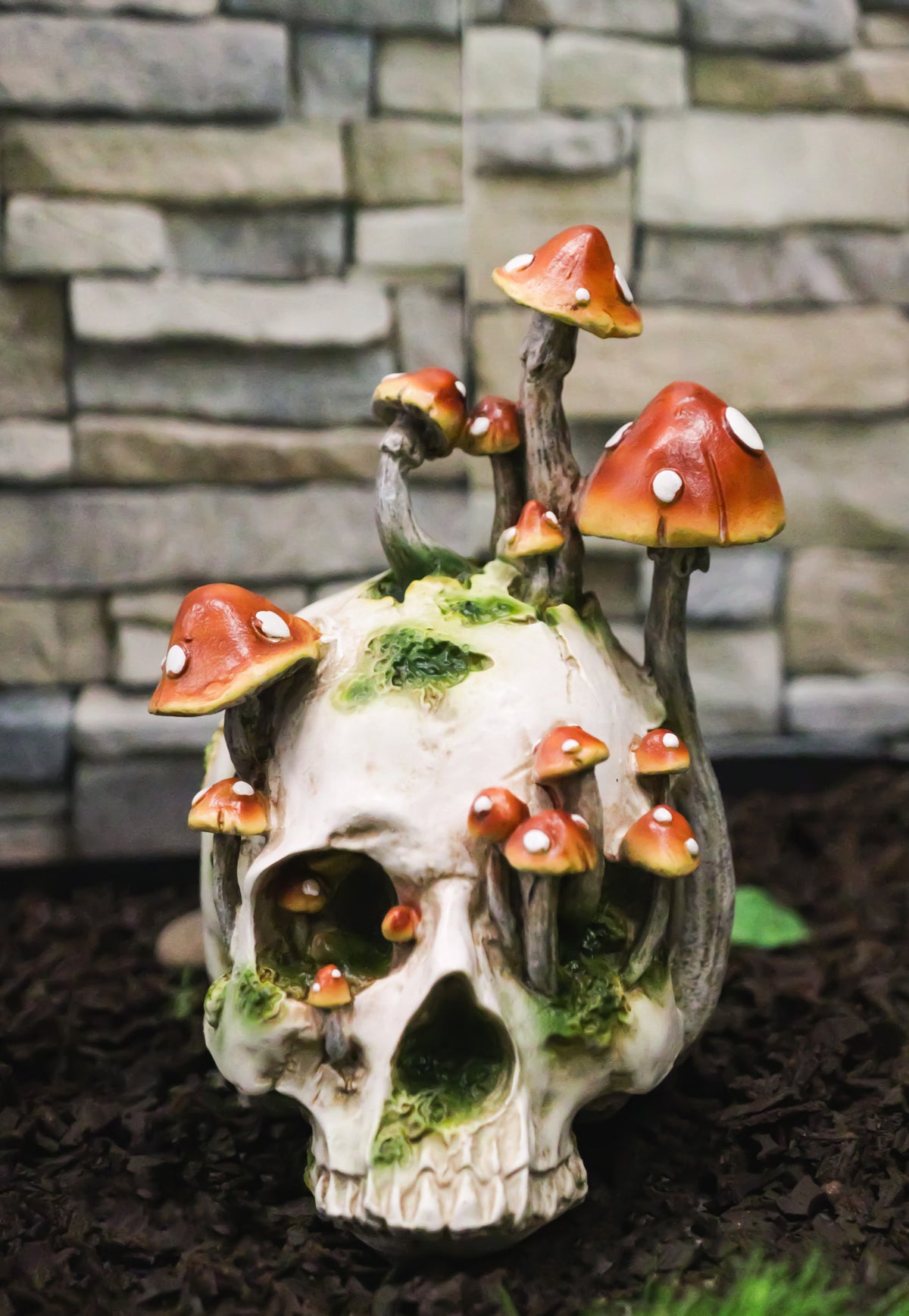 Large Day Of The Dead Toadstool Mushrooms And Moss Fungi Skull Figurine 11.5"H