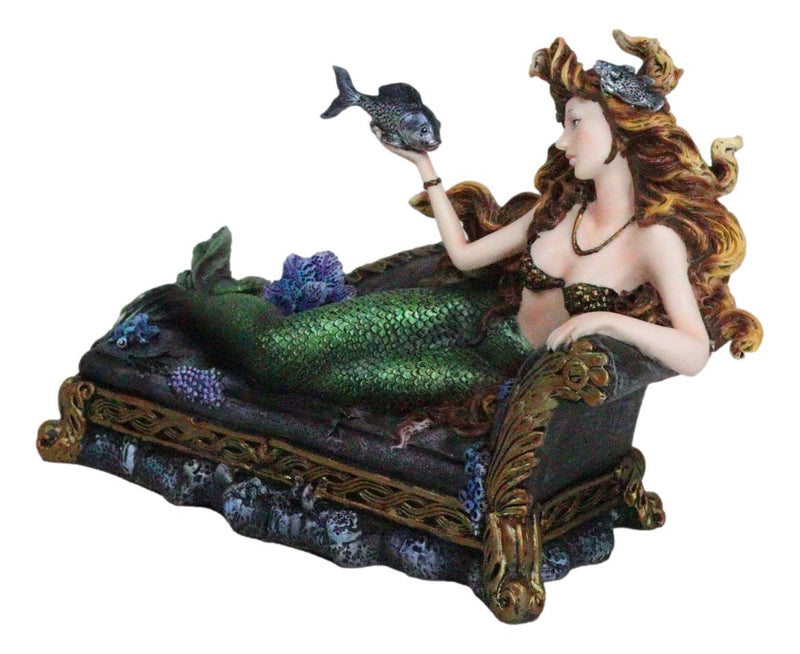 Queen Of Atlantis Siren Mermaid With Fish Resting On Sea Lounge Chair Figurine