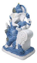 Blue & White Ganesha Statue with Mushak, 8.5-Inch Hindu God Seated on Throne
