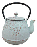 Rustic Mint Green Leaves Design Cast Iron Tetsubin Teapot With Enamel Liner 32oz